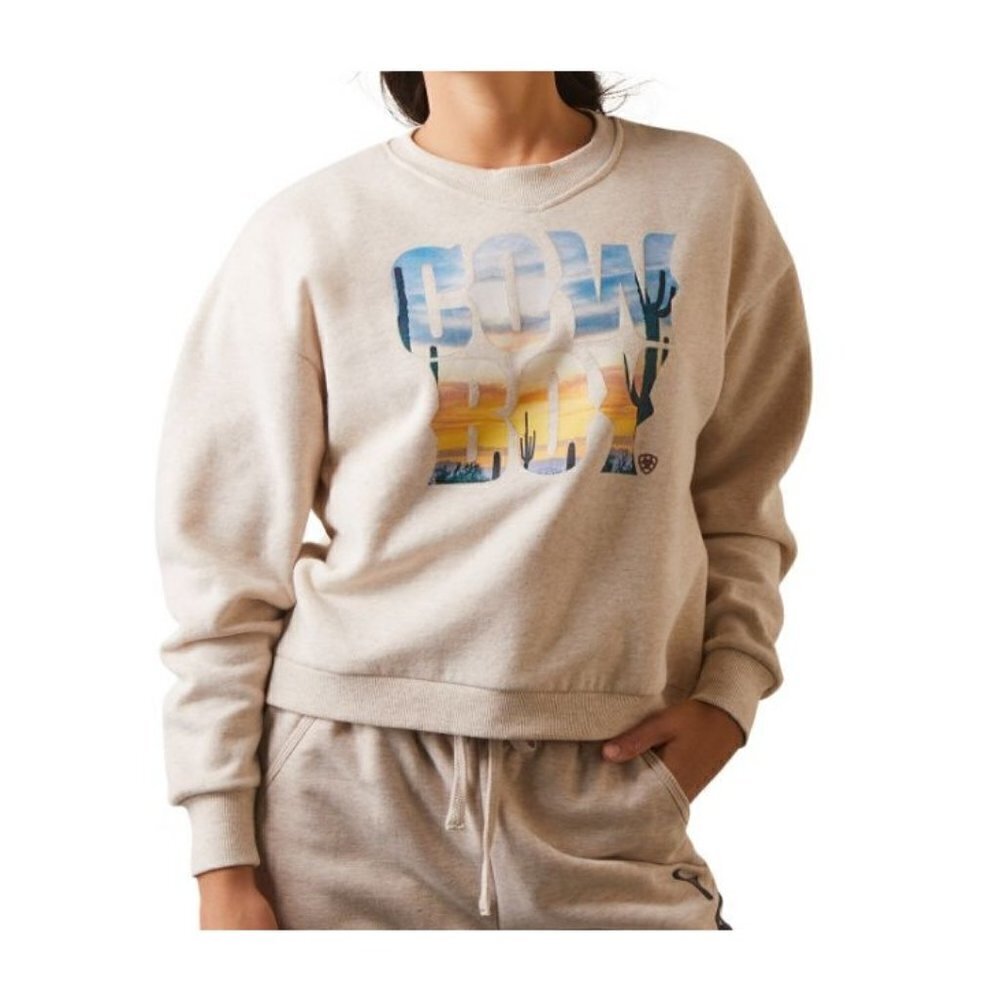Ariat Women's Long Sleeve Cowboy Graphic Crewneck Sweatshirt - Heather Oatmeal